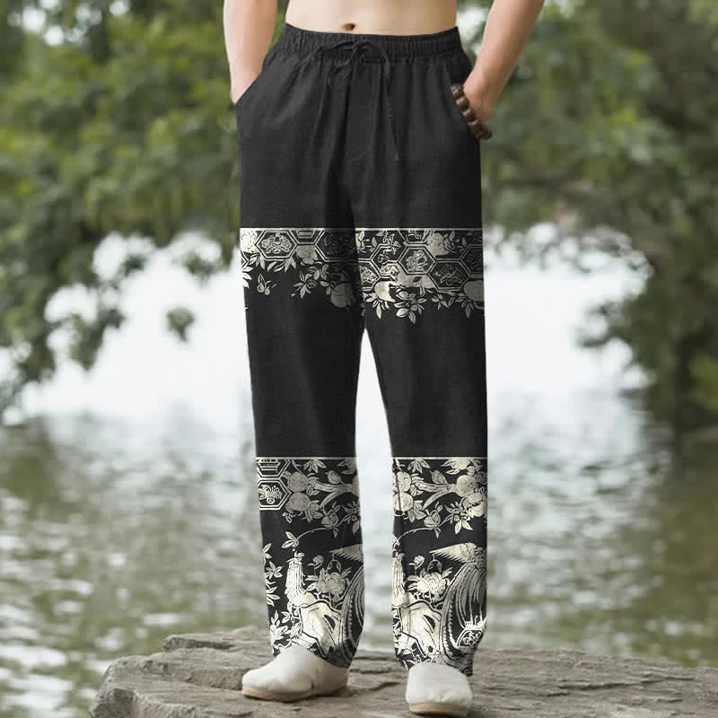 Buddha Stones Pantalones de hombre de algodón color marfil con estampado floral y corte ajustado, con bolsillos. - Negro - US/UK/AU50, EU60 (5XL) - image 0