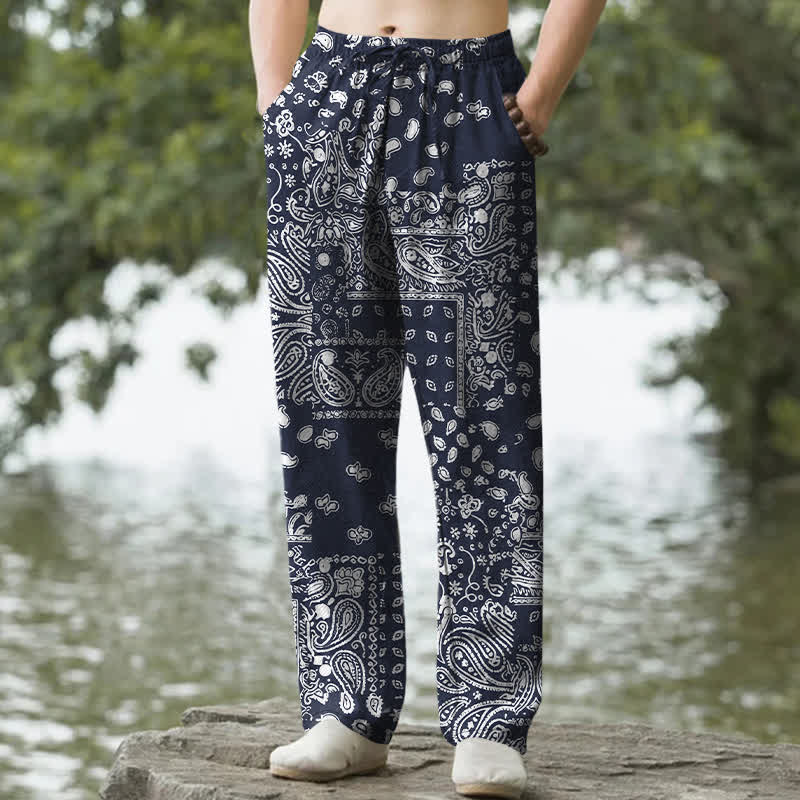 Buddha Stones Pantalones de hombre de algodón con estampado de patchwork paisley en blanco y negro, corte ajustado y bolsillos. - Marina de guerra - US/UK/AU50, EU60 (5XL) - image 4