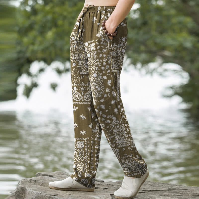 Buddha Stones Pantalones de hombre de algodón con estampado de patchwork paisley en blanco y negro, corte ajustado y bolsillos. - image 7