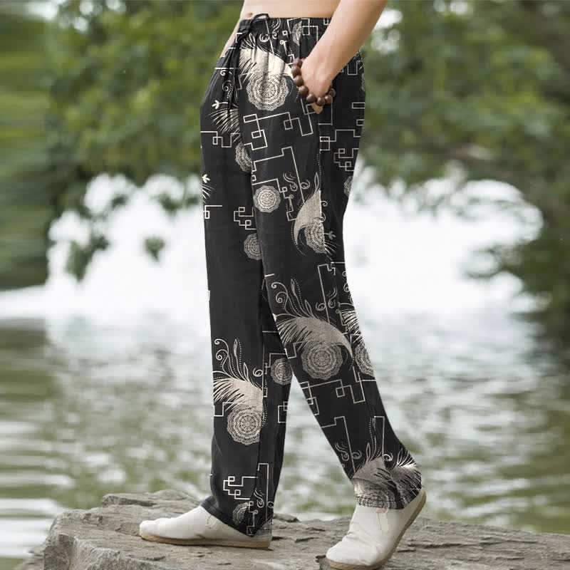 Buddha Stones Pantalones de hombre de algodón con estampado geométrico de plumas, corte cónico y bolsillos. - image 5