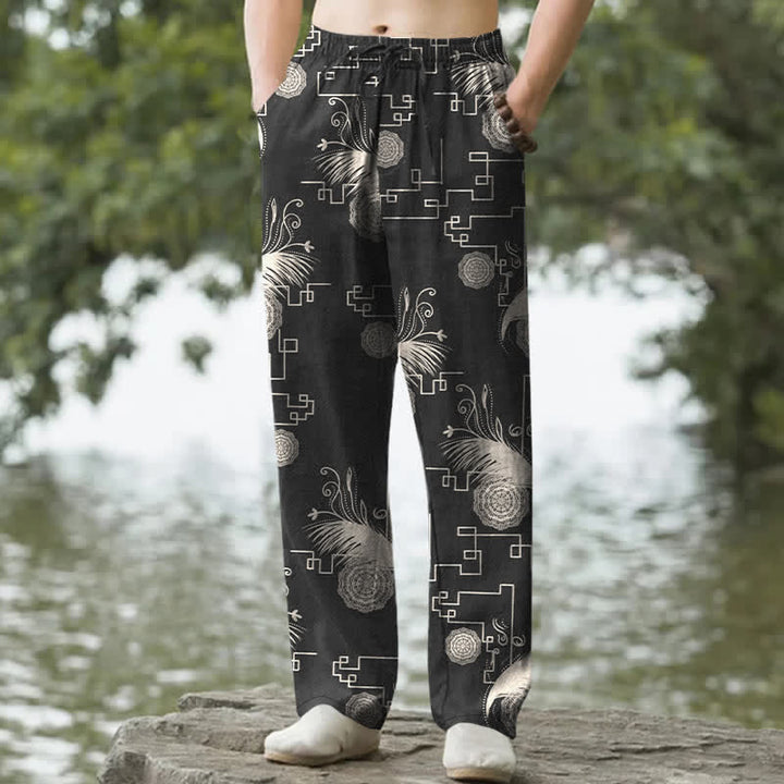 Buddha Stones Pantalones de hombre de algodón con estampado geométrico de plumas, corte cónico y bolsillos. - Negro - US/UK/AU50, EU60 (5XL) - image 4