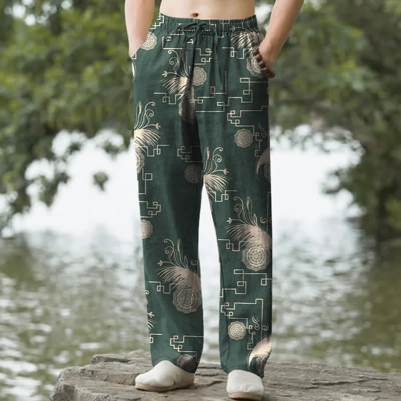 Buddha Stones Pantalones de hombre de algodón con estampado geométrico de plumas, corte cónico y bolsillos. - Verde bosque - US/UK/AU50, EU60 (5XL) - image 6