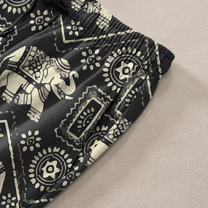 Buddha Stones Pantalones de hombre de algodón color marfil con estampado geométrico de mandala de elefante y corte ajustado, con bolsillos. - image 2