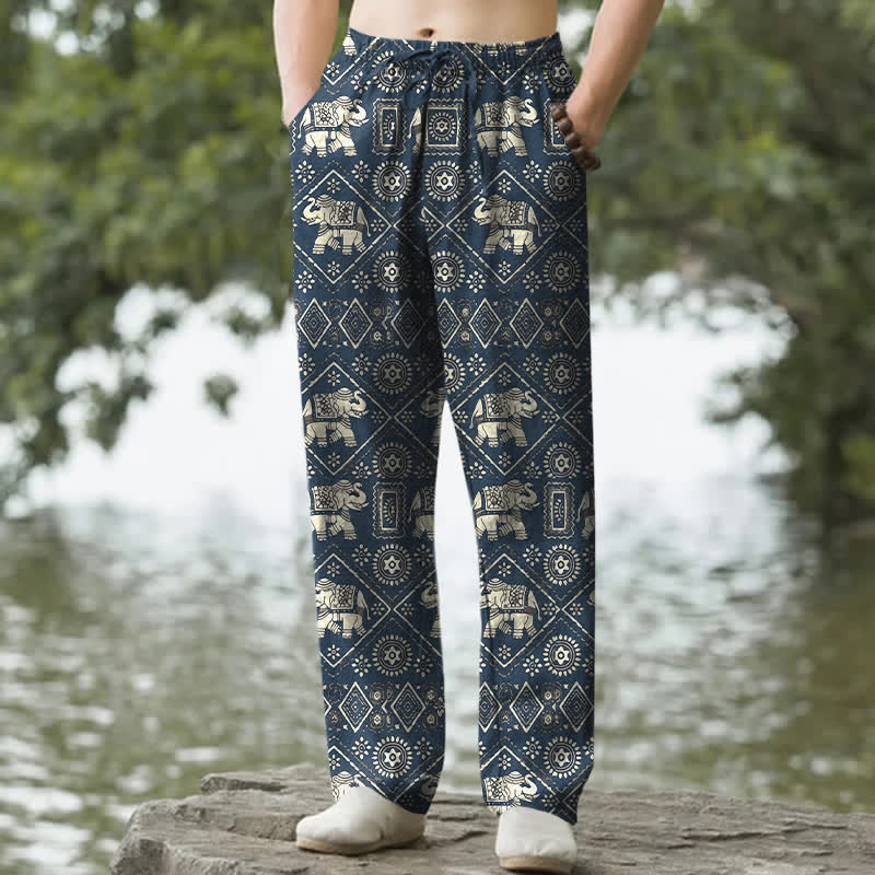 Buddha Stones Pantalones de hombre de algodón color marfil con estampado geométrico de mandala de elefante y corte ajustado, con bolsillos. - Marina de guerra - US/UK/AU50, EU60 (5XL) - image 4