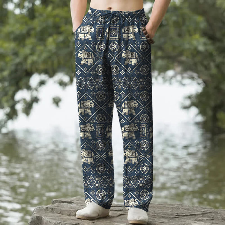 Buddha Stones Pantalones de hombre de algodón color marfil con estampado geométrico de mandala de elefante y corte ajustado, con bolsillos. - Marina de guerra - US/UK/AU50, EU60 (5XL) - image 4