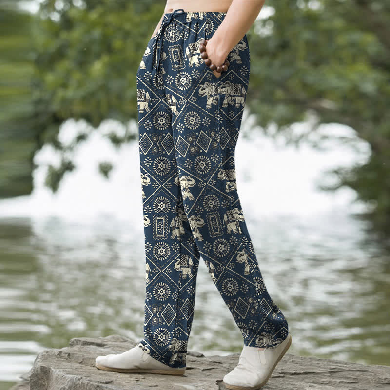 Buddha Stones Pantalones de hombre de algodón color marfil con estampado geométrico de mandala de elefante y corte ajustado, con bolsillos. - image 5