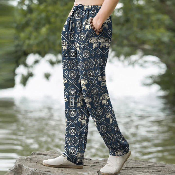 Buddha Stones Pantalones de hombre de algodón color marfil con estampado geométrico de mandala de elefante y corte ajustado, con bolsillos. - image 5