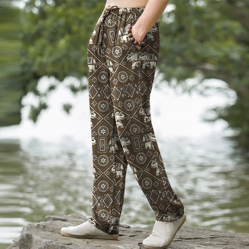Buddha Stones Pantalones de hombre de algodón color marfil con estampado geométrico de mandala de elefante y corte ajustado, con bolsillos. - image 7