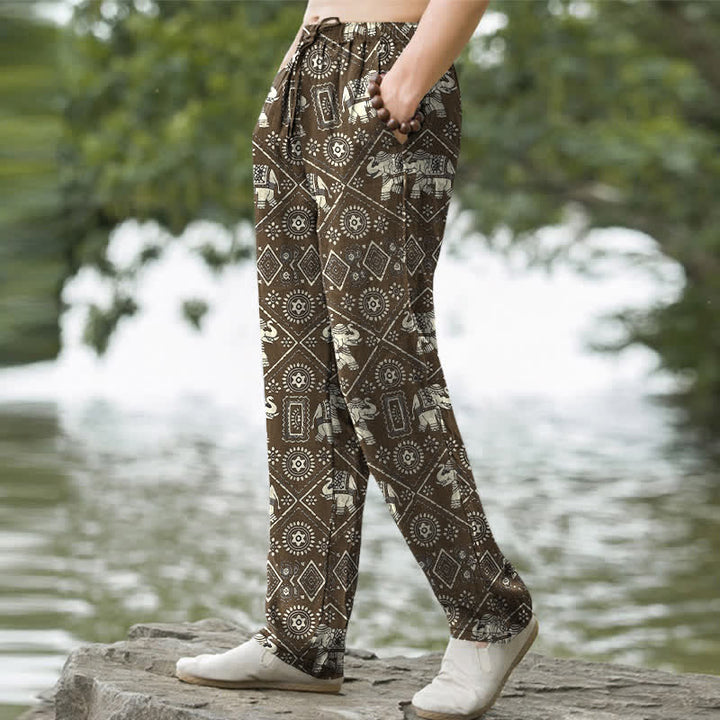 Buddha Stones Pantalones de hombre de algodón color marfil con estampado geométrico de mandala de elefante y corte ajustado, con bolsillos. - image 7