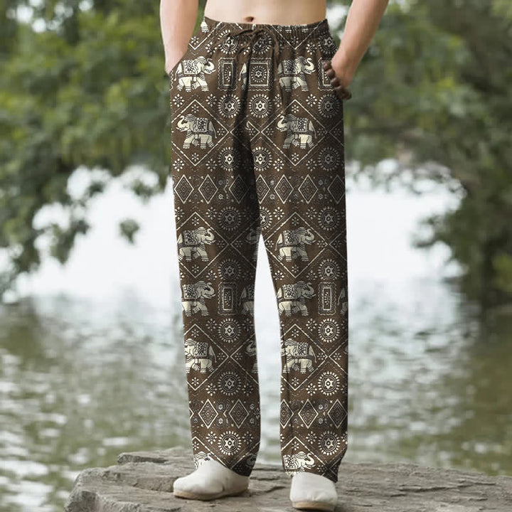 Buddha Stones Pantalones de hombre de algodón color marfil con estampado geométrico de mandala de elefante y corte ajustado, con bolsillos. - Marrón silla de montar - US/UK/AU50, EU60 (5XL) - image 6