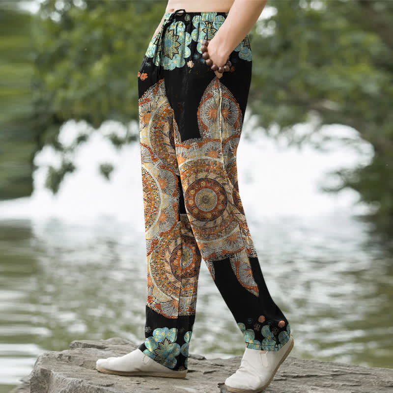 Buddha Stones Pantalones de hombre de algodón puro con estampado floral de mandala, corte ajustado y bolsillos. - image 1