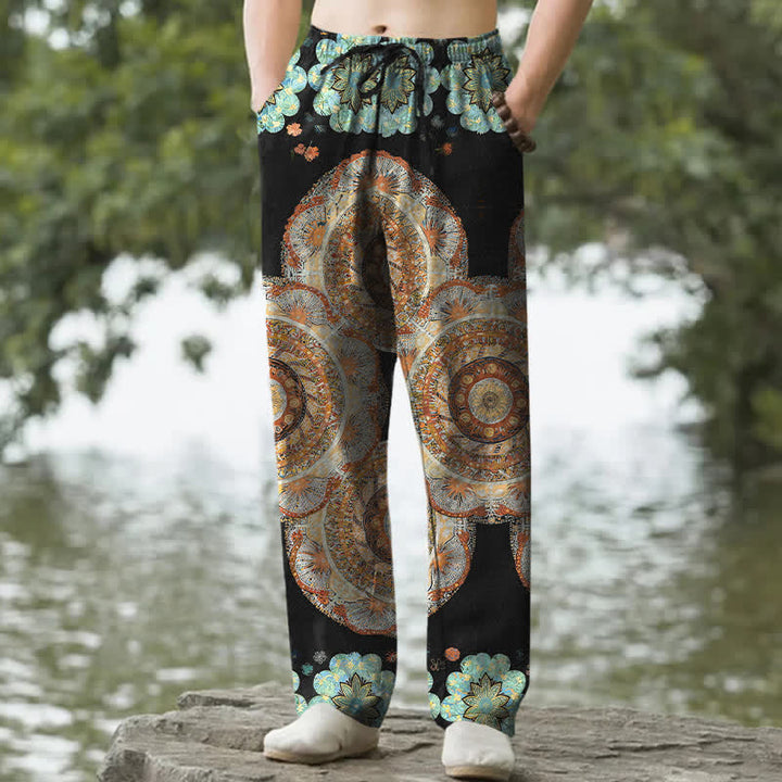 Buddha Stones Pantalones de hombre de algodón puro con estampado floral de mandala, corte ajustado y bolsillos. - Negro - US/UK/AU50, EU60 (5XL) - image 0