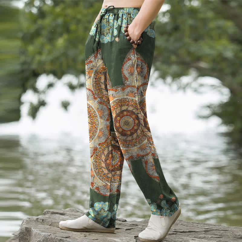Buddha Stones Pantalones de hombre de algodón puro con estampado floral de mandala, corte ajustado y bolsillos. - image 5