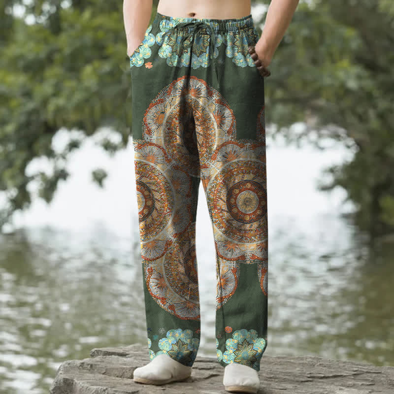 Buddha Stones Pantalones de hombre de algodón puro con estampado floral de mandala, corte ajustado y bolsillos. - Verde oscuro - US/UK/AU50, EU60 (5XL) - image 4