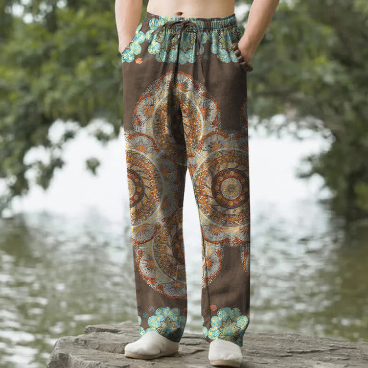 Buddha Stones Pantalones de hombre de algodón puro con estampado floral de mandala, corte ajustado y bolsillos. - Tierra de siena - US/UK/AU50, EU60 (5XL) - image 6