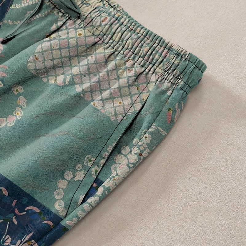 Buddha Stones Pantalones de hombre de algodón estilo boho con estampado floral y patchwork, corte ajustado y bolsillos. - image 2