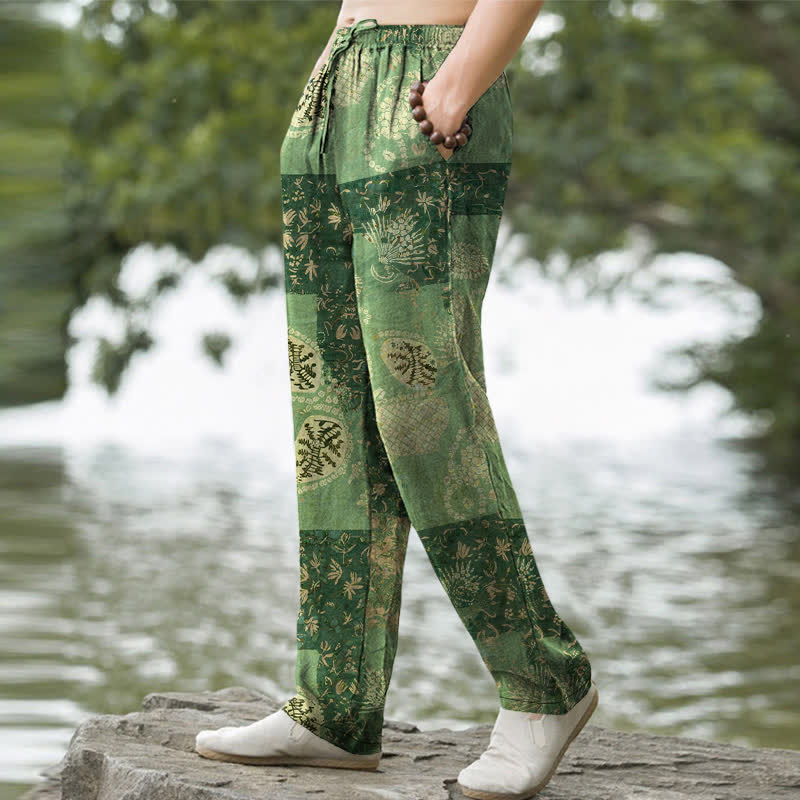 Buddha Stones Pantalones de hombre de algodón estilo boho con estampado floral y patchwork, corte ajustado y bolsillos. - image 5