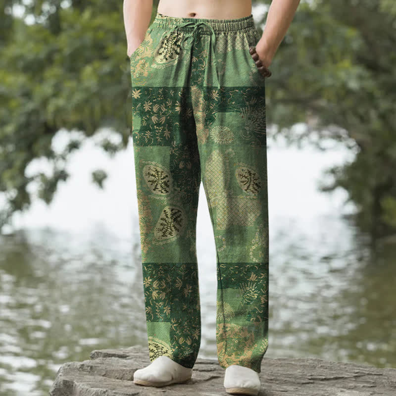 Buddha Stones Pantalones de hombre de algodón estilo boho con estampado floral y patchwork, corte ajustado y bolsillos. - Verde oliva - US/UK/AU50, EU60 (5XL) - image 4