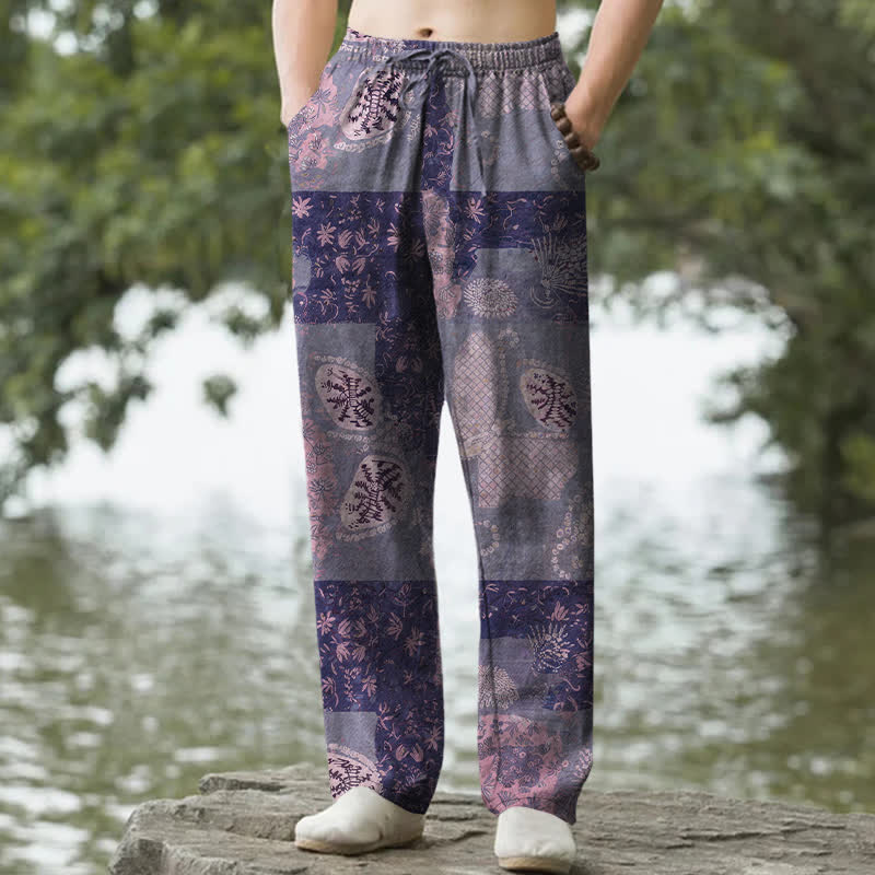 Buddha Stones Pantalones de hombre de algodón estilo boho con estampado floral y patchwork, corte ajustado y bolsillos. - Índigo - US/UK/AU50, EU60 (5XL) - image 6