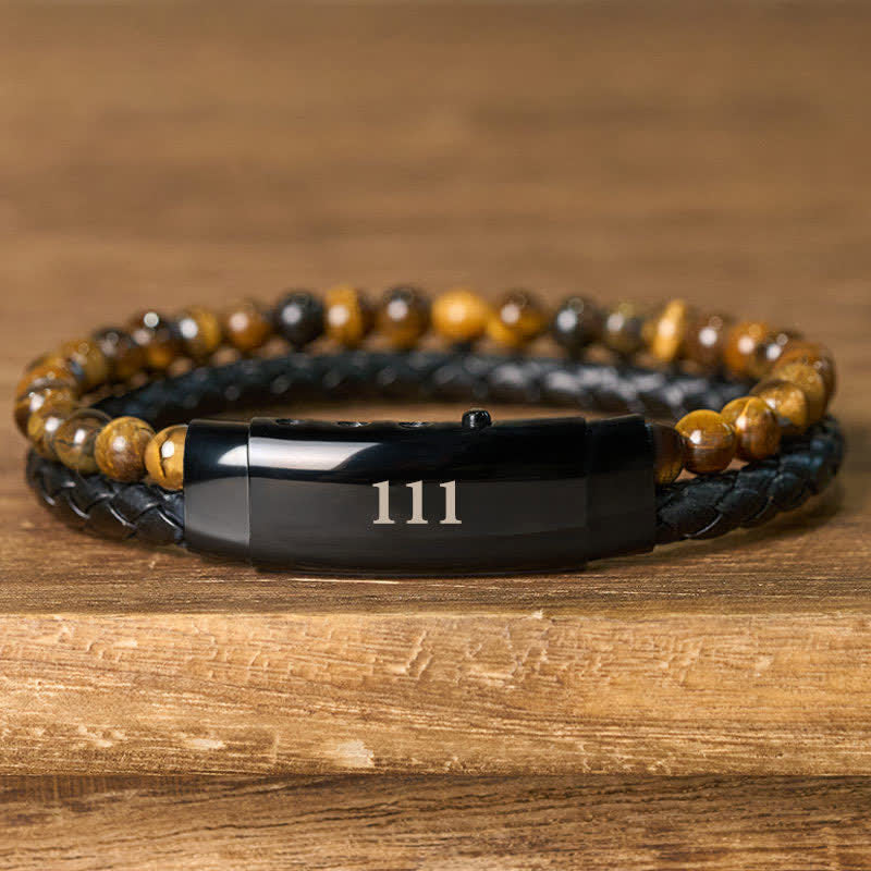 Buddha Stones Pulsera de cuero con doble vuelta con números de ángel y ojo de tigre - image 3