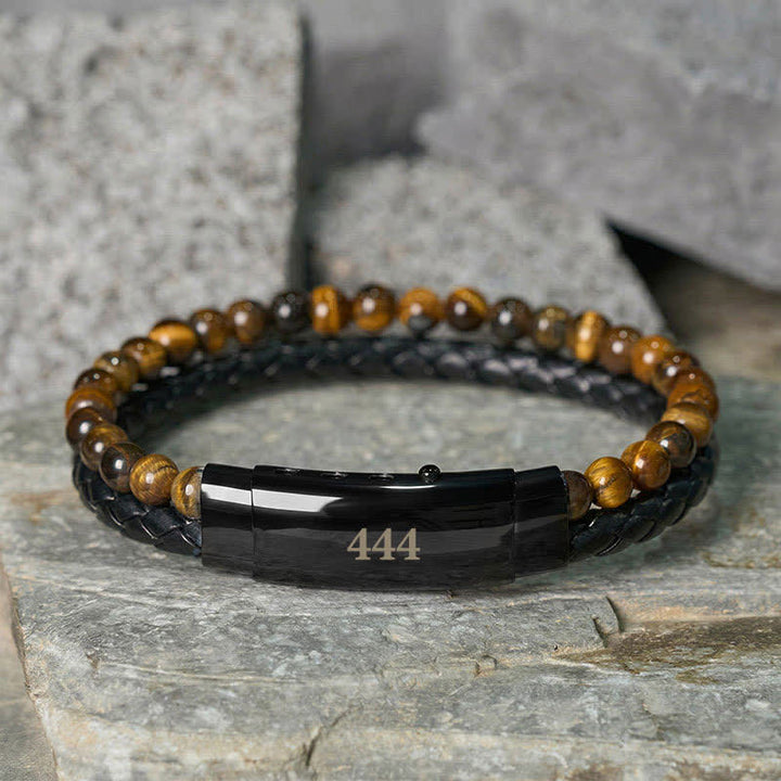 Buddha Stones Pulsera de cuero con doble vuelta con números de ángel y ojo de tigre - Ojo de tigre (circunferencia de la muñeca: 18-19 cm) - 444 - image 19