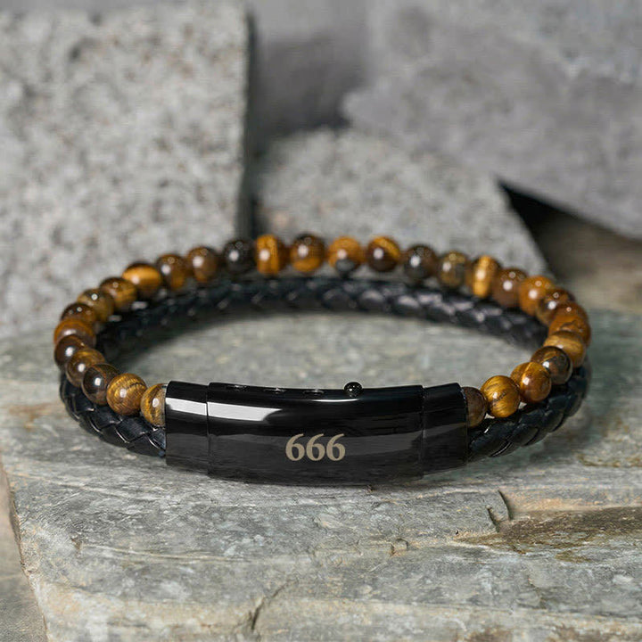 Buddha Stones Pulsera de cuero con doble vuelta con números de ángel y ojo de tigre - Ojo de tigre (circunferencia de la muñeca: 18-19 cm) - 666 - image 27