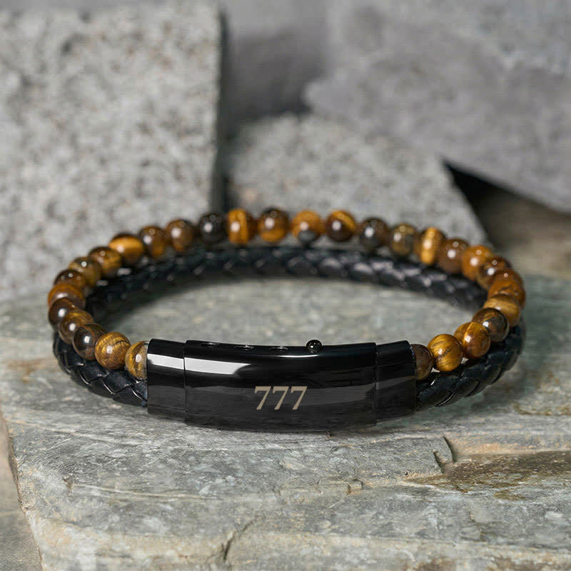 Buddha Stones Pulsera de cuero con doble vuelta con números de ángel y ojo de tigre - Ojo de tigre (circunferencia de la muñeca: 18-19 cm) - 777 - image 31