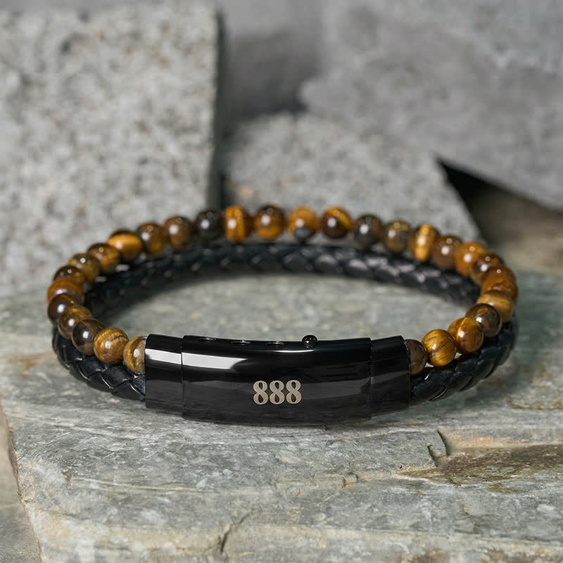 Buddha Stones Pulsera de cuero con doble vuelta con números de ángel y ojo de tigre - Ojo de tigre (circunferencia de la muñeca: 18-19 cm) - 888 - image 0
