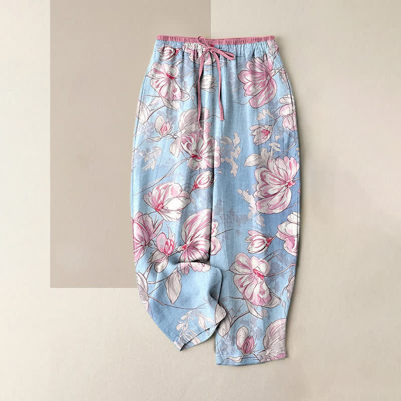 Buddha Stones Pantalones de mujer de algodón puro con estampado floral rosa romántico, cintura elástica y bolsillos. - Azul claro - US16，UK/AU20，EU48 (3XL) - image 0