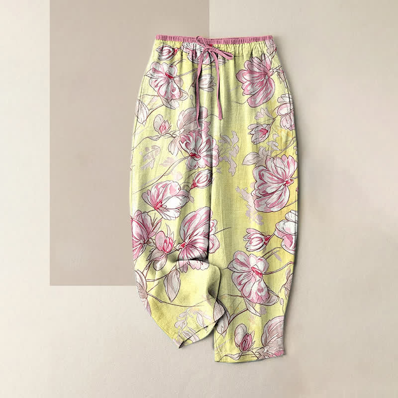 Buddha Stones Pantalones de mujer de algodón puro con estampado floral rosa romántico, cintura elástica y bolsillos. - Amarillo - US16，UK/AU20，EU48 (3XL) - image 4