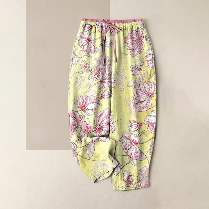 Buddha Stones Pantalones de mujer de algodón puro con estampado floral rosa romántico, cintura elástica y bolsillos. - Amarillo - US16，UK/AU20，EU48 (3XL) - image 4