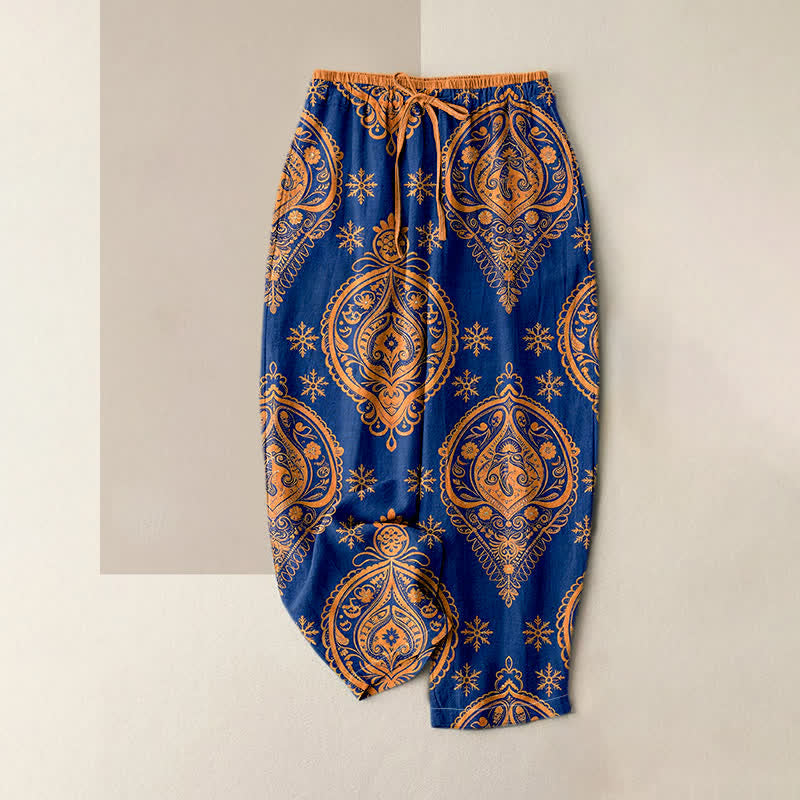 Buddha Stones Pantalones de mujer de algodón puro con estampado floral, cintura elástica y bolsillos. - Azul real - US16，UK/AU20，EU48 (3XL) - image 0