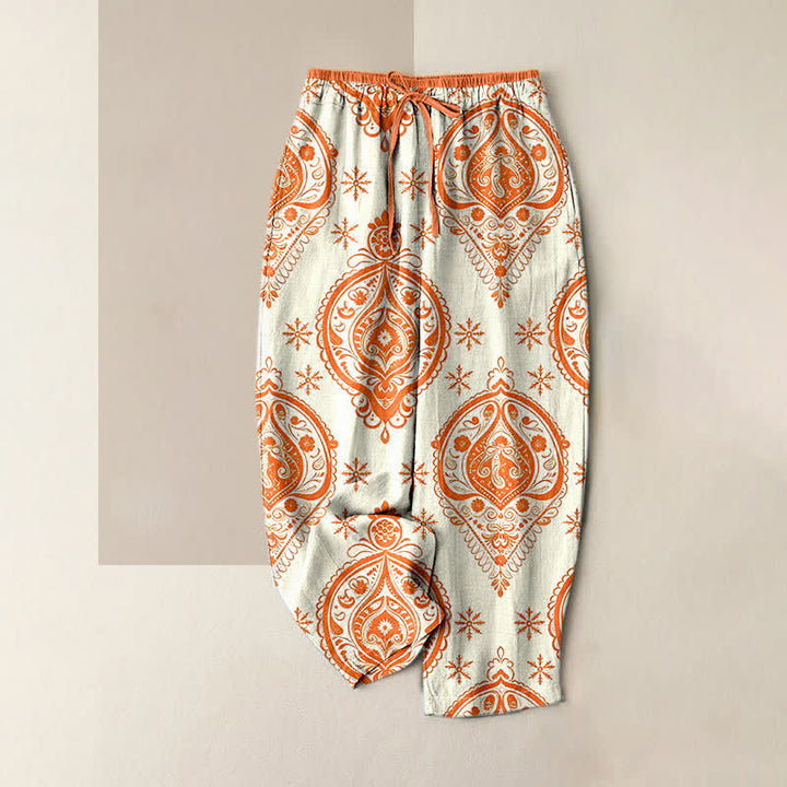 Buddha Stones Pantalones de mujer de algodón puro con estampado floral, cintura elástica y bolsillos. - Marfil - US16，UK/AU20，EU48 (3XL) - image 4