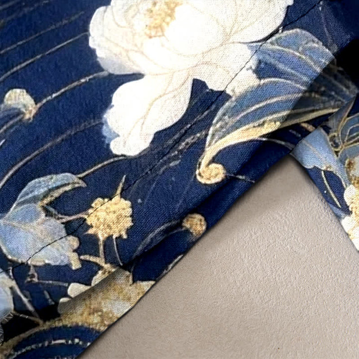 Buddha Stones Pantalones de mujer de algodón puro con elegante estampado floral de grullas y cintura elástica con bolsillos. - image 2