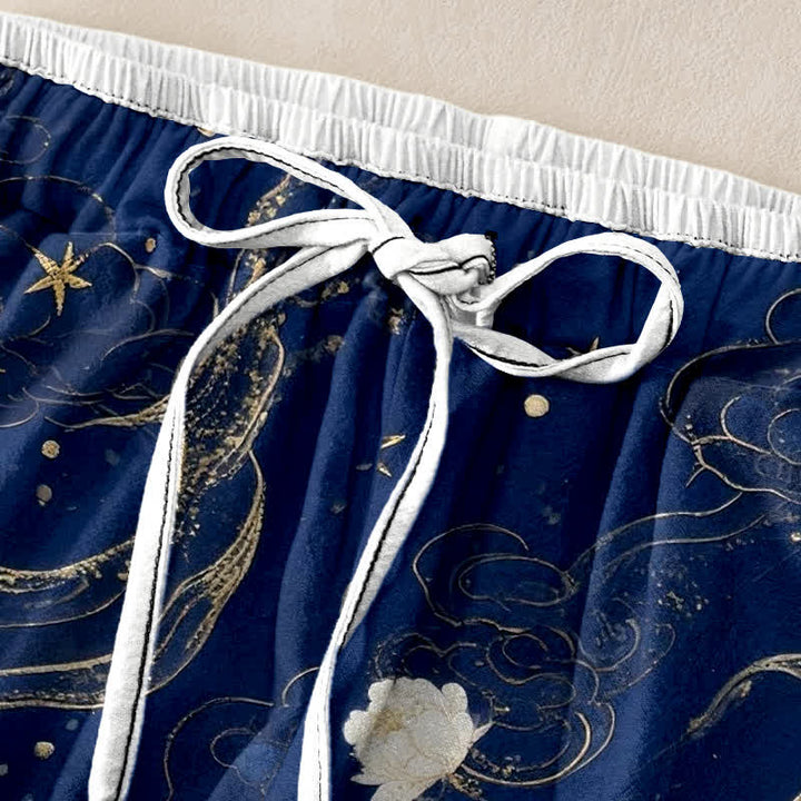 Buddha Stones Pantalones de mujer de algodón puro con elegante estampado floral de grullas y cintura elástica con bolsillos. - image 1