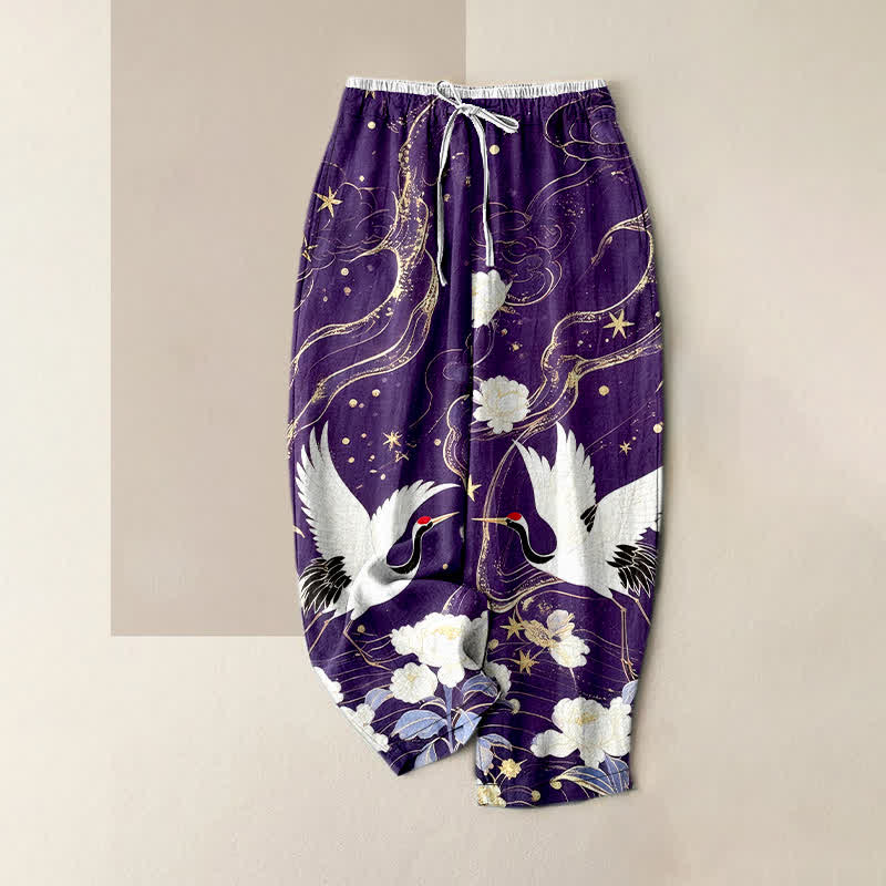 Buddha Stones Pantalones de mujer de algodón puro con elegante estampado floral de grullas y cintura elástica con bolsillos. - Púrpura - US16，UK/AU20，EU48 (3XL) - image 4