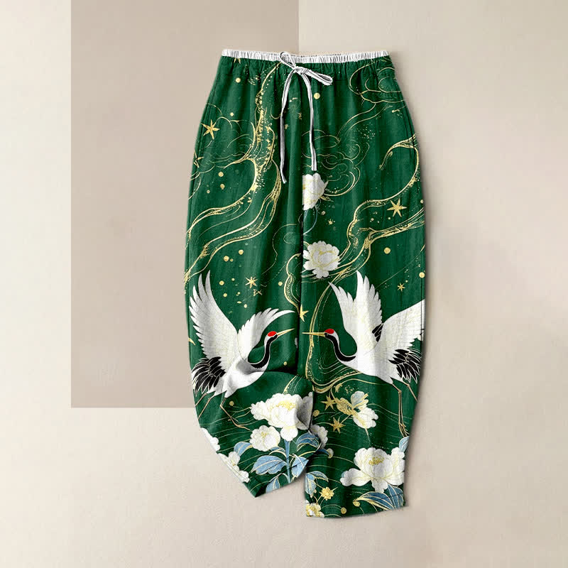 Buddha Stones Pantalones de mujer de algodón puro con elegante estampado floral de grullas y cintura elástica con bolsillos. - Verde bosque - US16，UK/AU20，EU48 (3XL) - image 5