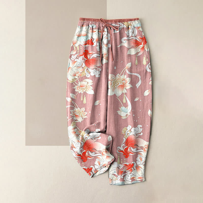 Buddha Stones Pantalones de mujer de algodón puro con estampado de peces koi rojos y cintura elástica con bolsillos. - rosa claro - US16，UK/AU20，EU48 (3XL) - image 4