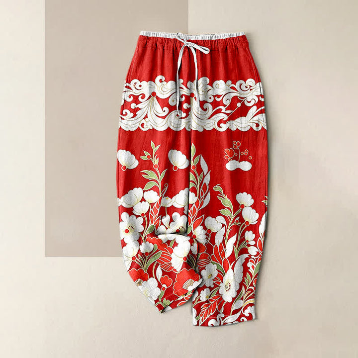 Buddha Stones Pantalones de mujer de algodón puro con estampado floral bohemio y cintura elástica, con bolsillos. - Rojo - US16，UK/AU20，EU48 (3XL) - image 3