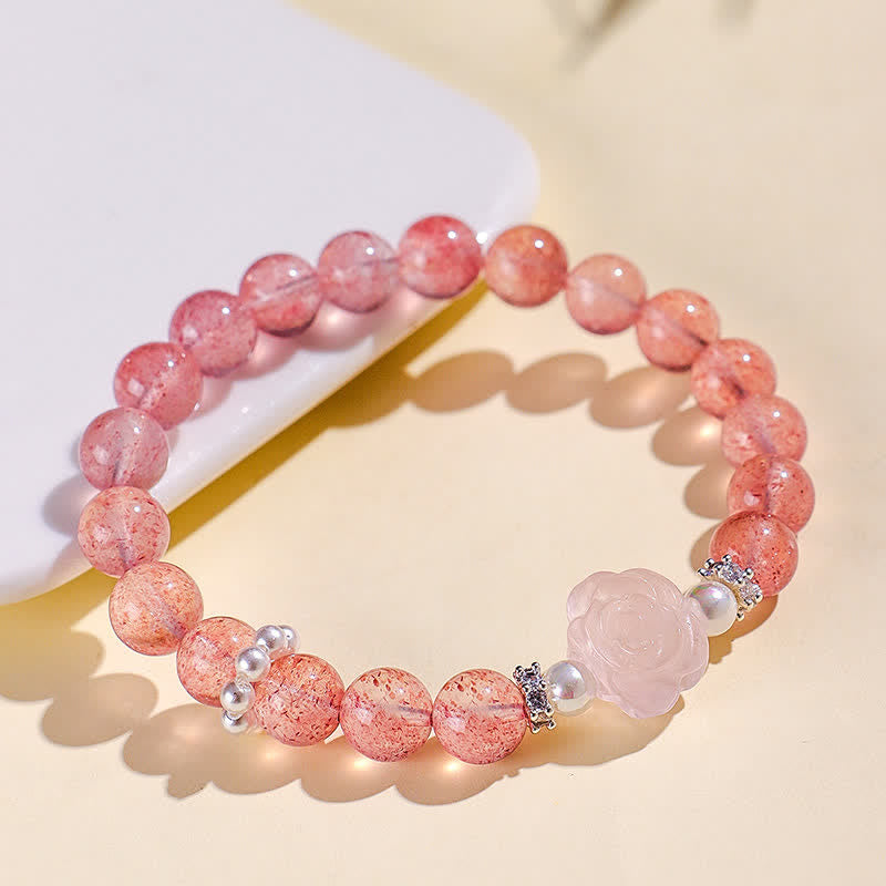 Buddha Stones Pulsera de cuentas de cuarzo fresa rosa Amor - Cuarzo fresa (circunferencia de la muñeca: 15–16 cm) - image 0