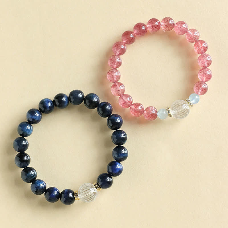 Buddha Stones Pulsera positiva de cuarzo fresa y ojo de tigre azul - image 10