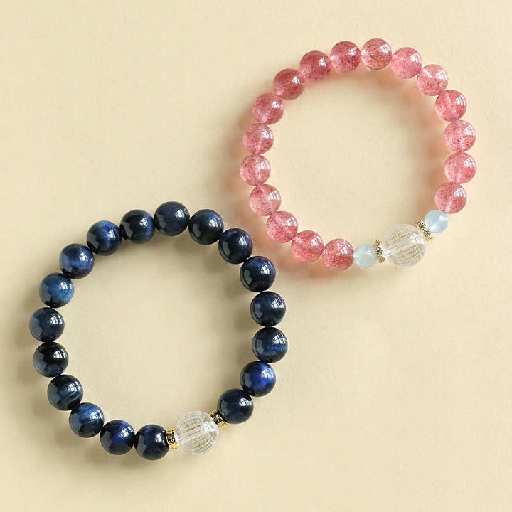 Buddha Stones Pulsera positiva de cuarzo fresa y ojo de tigre azul - image 10