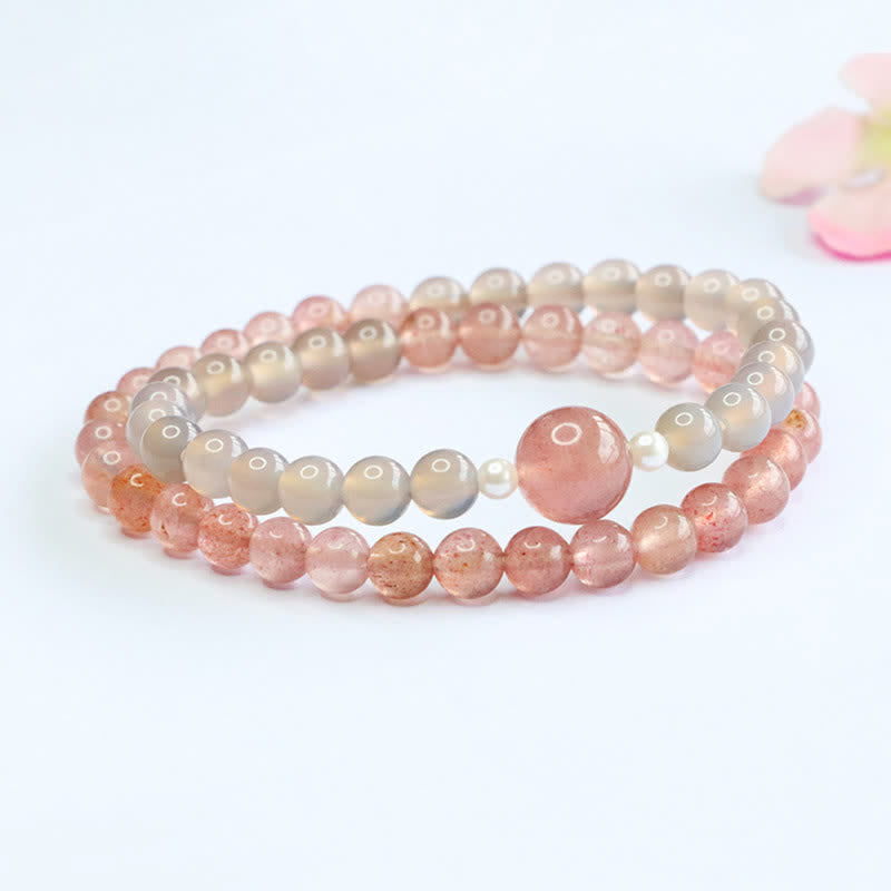 Buddha Stones Pulsera doble de cuarzo fresa y ágata gris con efecto positivo - image 2