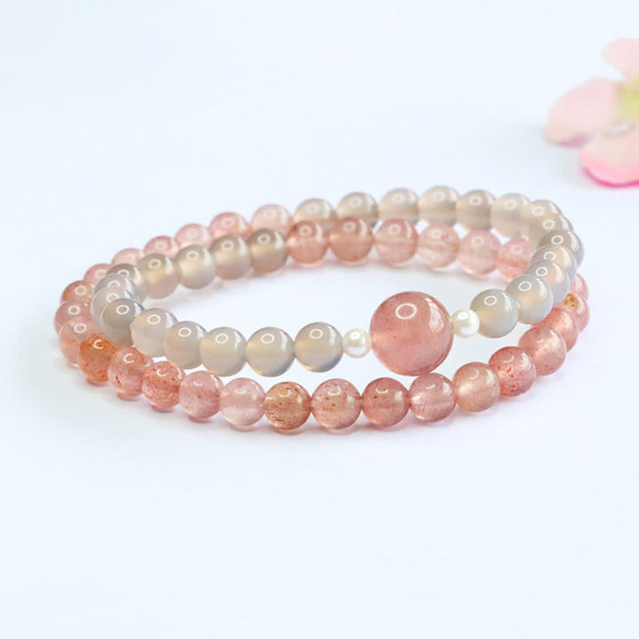 Buddha Stones Pulsera doble de cuarzo fresa y ágata gris con efecto positivo - image 2