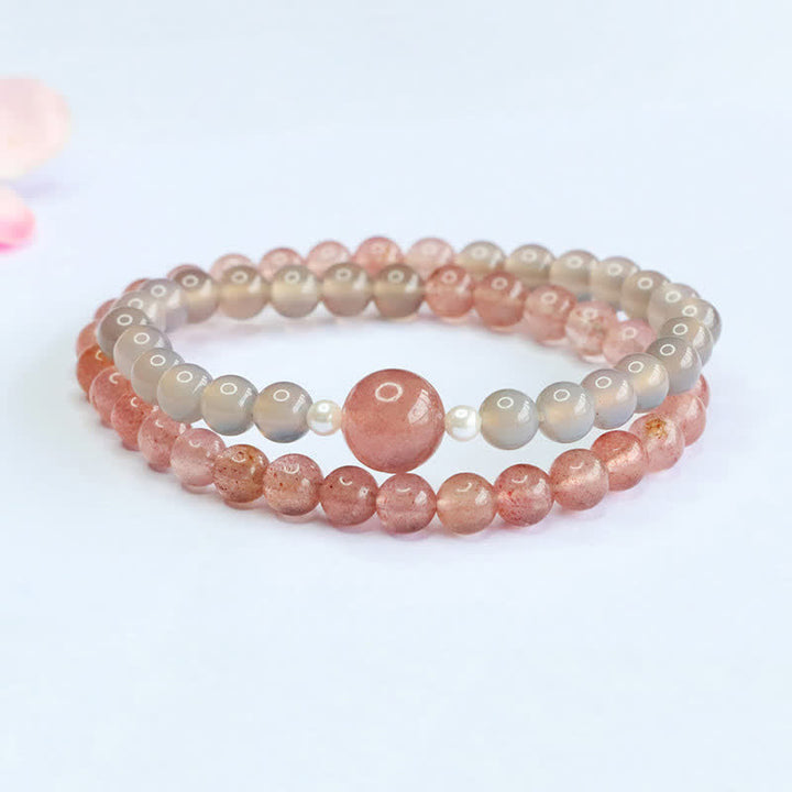Buddha Stones Pulsera doble de cuarzo fresa y ágata gris con efecto positivo - image 1