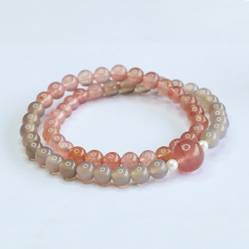 Buddha Stones Pulsera doble de cuarzo fresa y ágata gris con efecto positivo - image 4