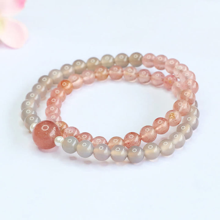 Buddha Stones Pulsera doble de cuarzo fresa y ágata gris con efecto positivo - image 8