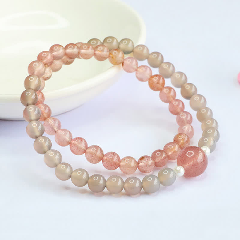Buddha Stones Pulsera doble de cuarzo fresa y ágata gris con efecto positivo - Cuarzo fresa (circunferencia de la muñeca: 14–15 cm) - image 0