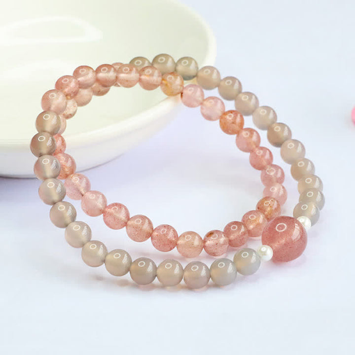 Buddha Stones Pulsera doble de cuarzo fresa y ágata gris con efecto positivo - Cuarzo fresa (circunferencia de la muñeca: 14–15 cm) - image 0