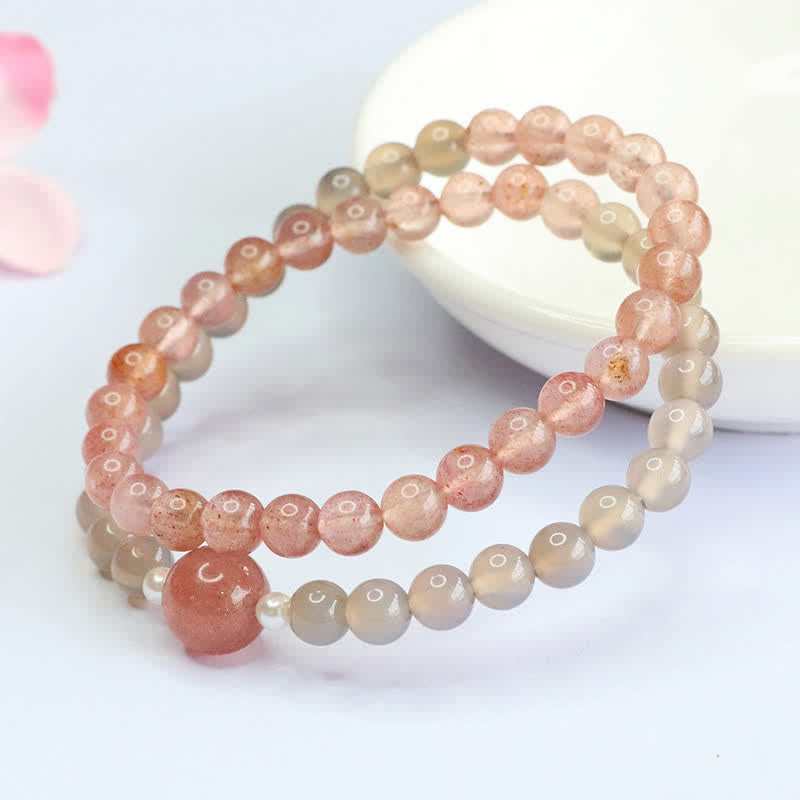 Buddha Stones Pulsera doble de cuarzo fresa y ágata gris con efecto positivo - image 3